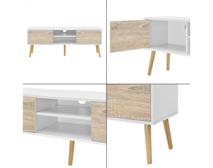 ТВ маса Eskilstuna, размери 120 x 29,5 x 46,5 см, с 2 врати на шкафа и 2 рафта, дъб, Бял цвят ТВ маса Eskilstuna, размери 120 x 29,5 x 46,5 см, с 2 врати на шкафа и 2 рафта, дъб, Бял цвят