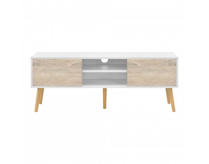 ТВ маса Eskilstuna, размери 120 x 29,5 x 46,5 см, с 2 врати на шкафа и 2 рафта, дъб, Бял цвят ТВ маса Eskilstuna, размери 120 x 29,5 x 46,5 см, с 2 врати на шкафа и 2 рафта, дъб, Бял цвят