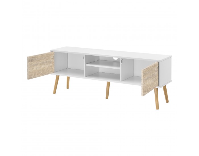 ТВ маса Eskilstuna, размери 120 x 29,5 x 46,5 см, с 2 врати на шкафа и 2 рафта, дъб, Бял цвят ТВ маса Eskilstuna, размери 120 x 29,5 x 46,5 см, с 2 врати на шкафа и 2 рафта, дъб, Бял цвят