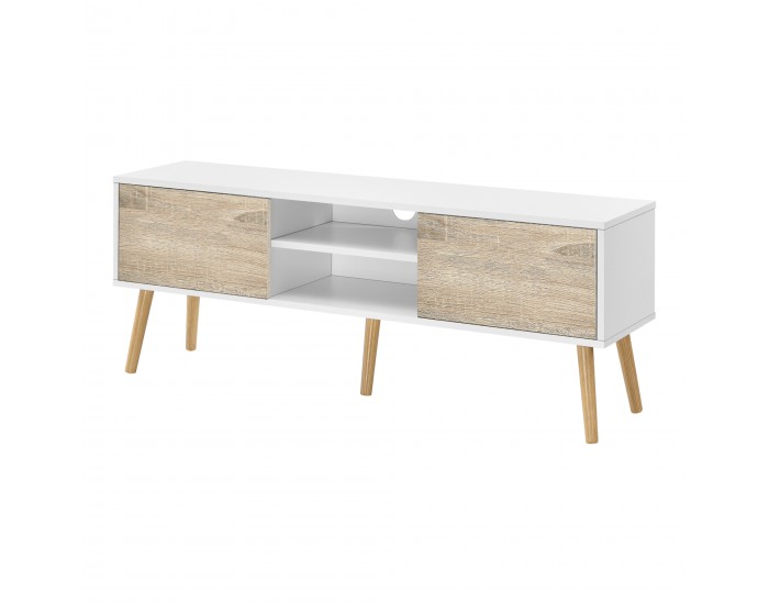 ТВ маса Eskilstuna, размери 120 x 29,5 x 46,5 см, с 2 врати на шкафа и 2 рафта, дъб, Бял цвят ТВ маса Eskilstuna, размери 120 x 29,5 x 46,5 см, с 2 врати на шкафа и 2 рафта, дъб, Бял цвят