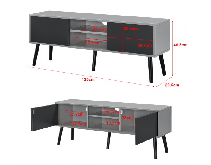 ТВ маса Eskilstuna, размери 120 x 29,5 x 46,5 см, с 2 врати на шкафа и 2 рафта, Светло сиво и черно