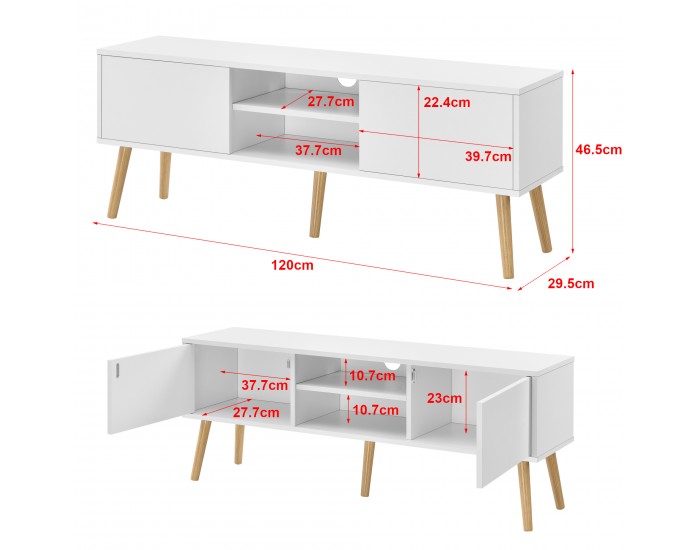 ТВ маса Eskilstuna, размери 120 x 29,5 x 46,5 см с 2 врати на шкафа и 2 рафта, Бяла
