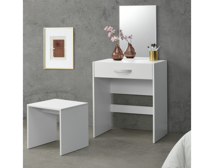 Тоалетка с огледало и стол, с чекмедже, Бяла