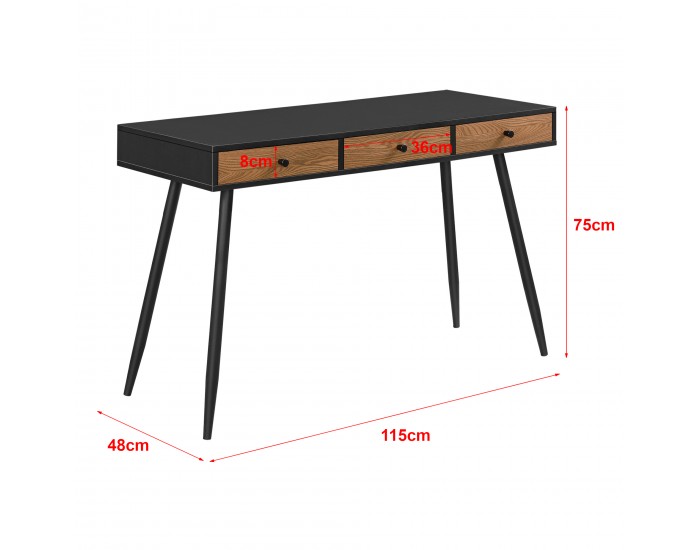 Бюро Tumba, размери 115x48x75cm, с 3 чекмеджета,  офис бюро,  компютърна маса,  метална рамка,  черен цвят, тъмен дървесен тон