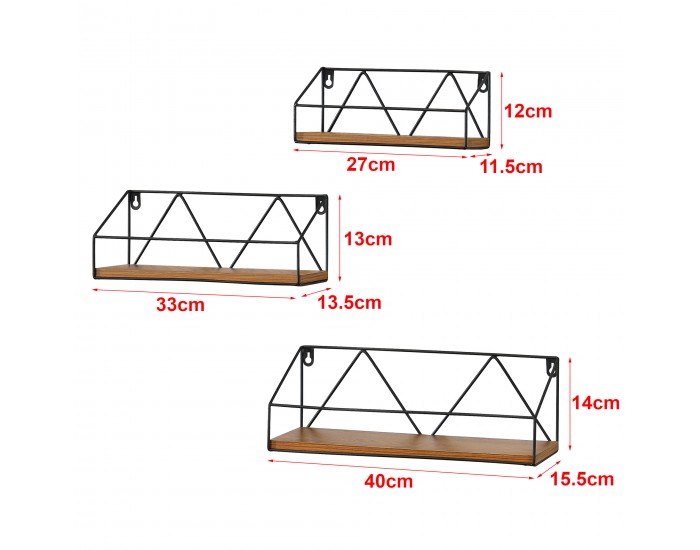 Стенен рафт Kolding, 3бр. различни размери, висящ рафт, стенен рафт, плаващ рафт, желязна рамка макс. 10 кг, тъмно дърво в тон