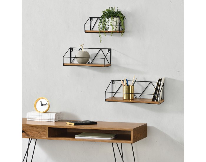 Стенен рафт Kolding, 3бр. различни размери, висящ рафт, стенен рафт, плаващ рафт, желязна рамка макс. 10 кг, тъмно дърво в тон