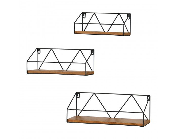 Стенен рафт Kolding, 3бр. различни размери, висящ рафт, стенен рафт, плаващ рафт, желязна рамка макс. 10 кг, тъмно дърво в тон
