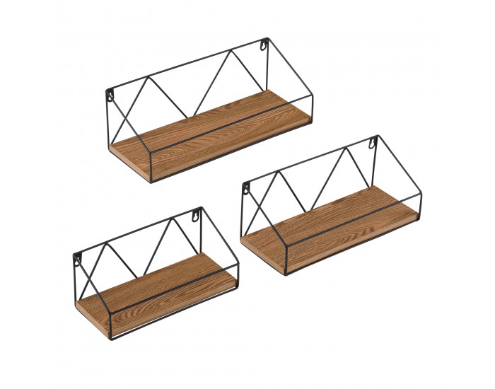 Стенен рафт Kolding, 3бр. различни размери, висящ рафт, стенен рафт, плаващ рафт, желязна рамка макс. 10 кг, тъмно дърво в тон