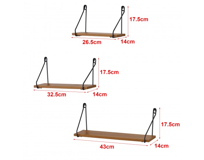 Стенен рафт Randers 3бр. различни размери, висящ рафт,  стенен рафт,  плаващ рафт, желязна рамка макс. 10 кг,  тъмно дърво в тон