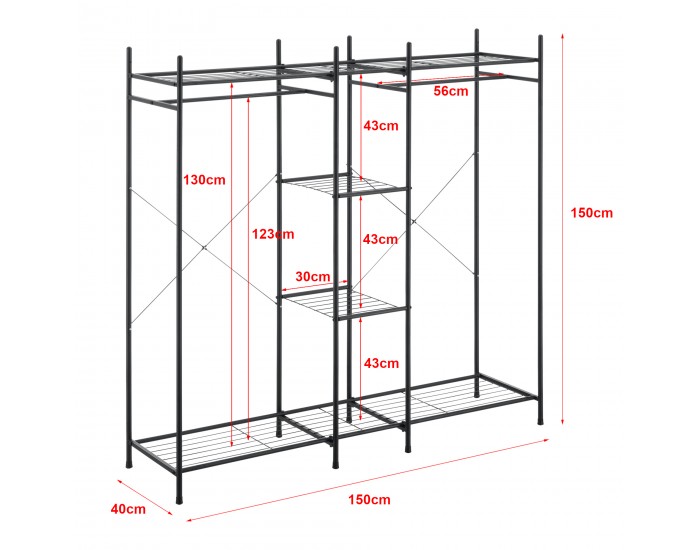 Поставка за портманта с 4 рафта,  2 пръта, размери 150x150x40 см,  черен цвят