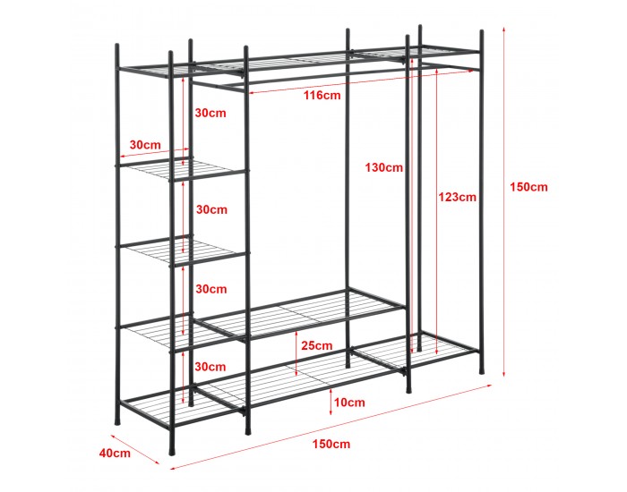 Поставка за портманта с 6 рафта, размери 150 x 110 x 40 см,  черен цвят