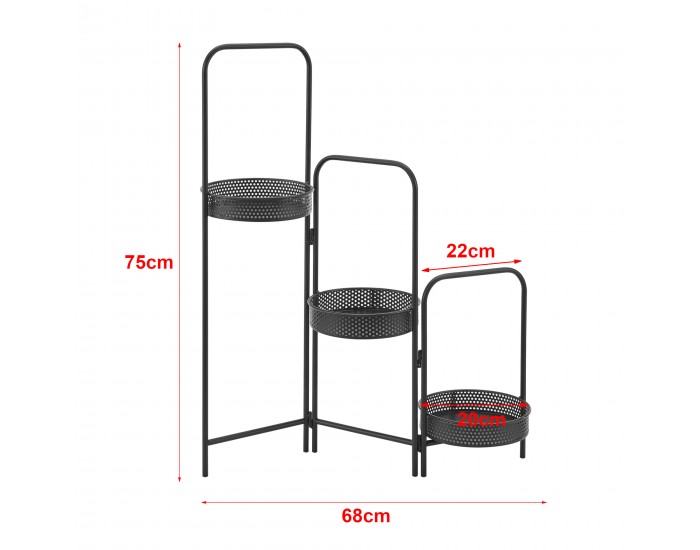 Стойка за растения Врасене, с 3 рафта, Метално черен цвят