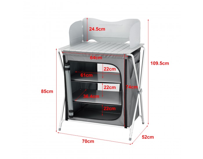 Къмпинг шкаф, размери 70x52x109,5 cm,  къмпинг кухня с работен плот и ветробрана,  пътен шкаф,  сгъваем шкаф,  външен шкаф,  тъмно сив цвят