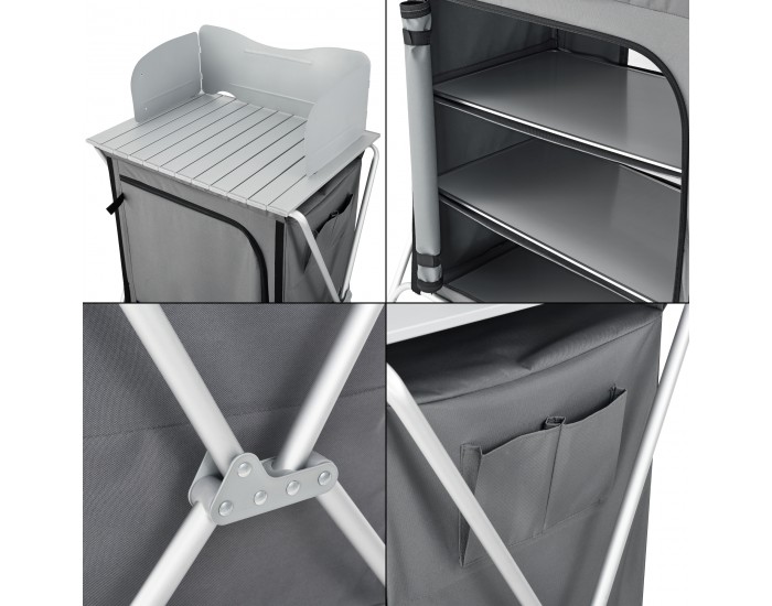 Къмпинг шкаф, размери 70x52x109,5 cm,  къмпинг кухня с работен плот и ветробрана,  пътен шкаф,  сгъваем шкаф,  външен шкаф,  тъмно сив цвят