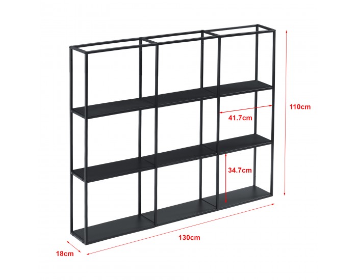 Стенен рафт Jelsa, размери 130x18x110cm,  метален рафт с 9 рафта,  индустриален дизайн, черен цвят