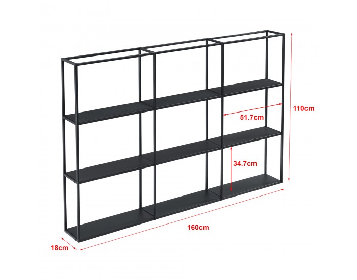 Стенен рафт Jelsa, размери  160x18x110 cm,  метален рафт с 9 рафта,  индустриален дизайн,  плаващ рафт,  черен цвят