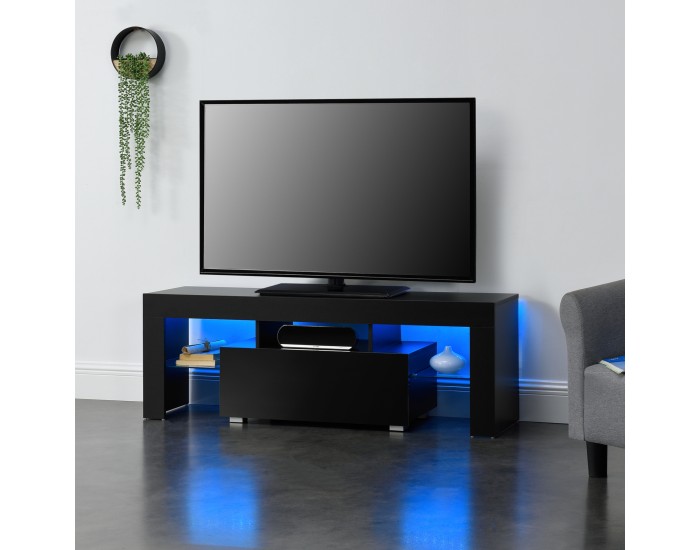 Шкаф за телевизор с LED осветление и дистанционно управление, ПДЧ, Черен, 130 x 35 x 45 cm