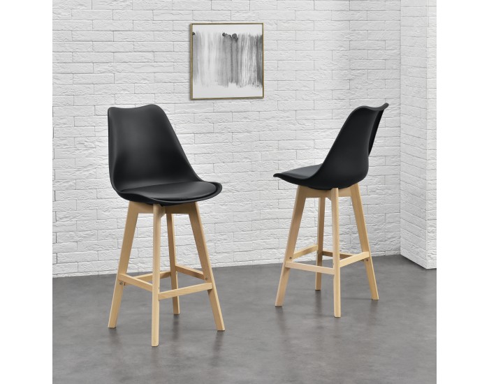 Комплект от 2 бар стола , корпус от Бук, тапицирани с еко кожа, 105 cm високи, Черни