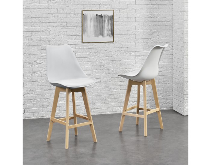 Комплект от 2 бар стола , корпус от Бук, тапицирани с еко кожа, 105 cm високи, Бели