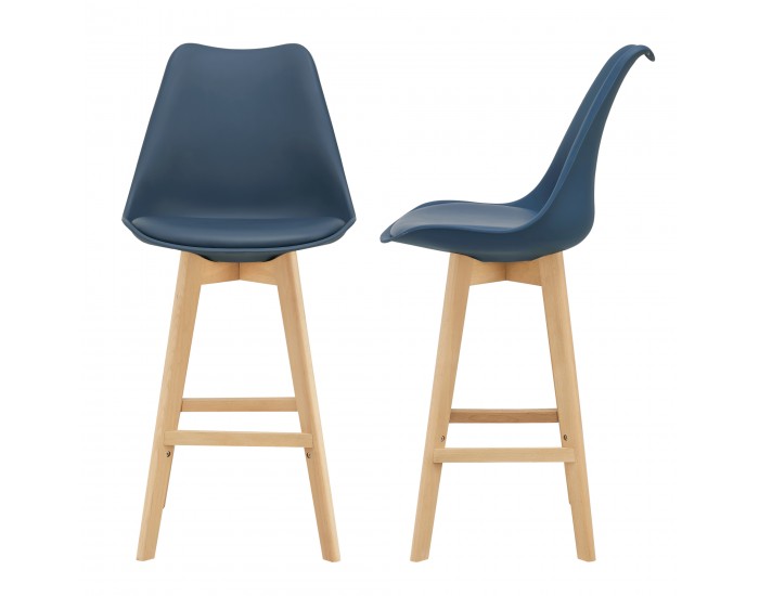 Комплект от 2 бар стола , корпус от Бук, тапицирани с еко кожа, 105 cm високи, Сини