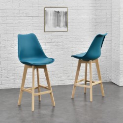 Комплект от 2 бар стола , корпус от Бук, тапицирани с еко кожа, 105 cm високи, Тюркоаз - Бар столове