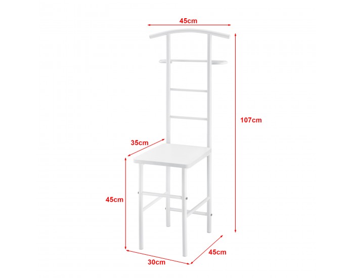 Мъжки камериерски стол Anahim, размери 107x45x45 см със закачалка + поставка за панталон, рафт с метална рамка,  Бял цвят