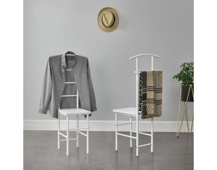 Мъжки камериерски стол Anahim, размери 107x45x45 см със закачалка + поставка за панталон, рафт с метална рамка,  Бял цвят