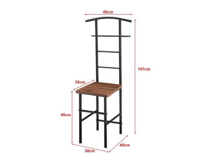 Мъжки камериерски стол Anahim, размери  107x45x45 см,  със закачалка + поставка за панталон, рафт, метална рамка, вид на орех