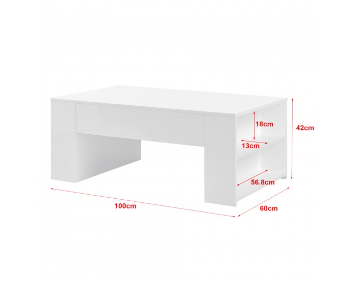 Маса за кафе Vellinge, размери 100x60x42 см,  с 2 странични рафта,  Бял цвят,  гланц