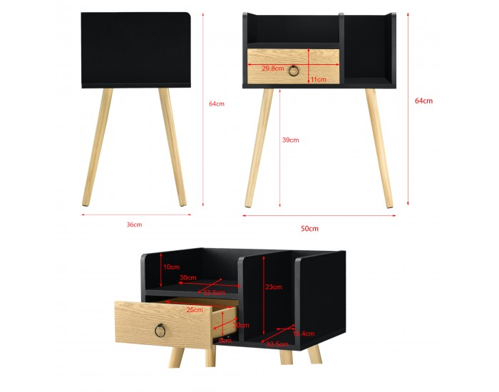 Нощно шкафче с чекмедже  64 x 50 x 36 cm, Ефект Дърво/Черен