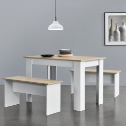 Комплект маса и пейка Hokksund, размери 110x70 см,  с 2 пейки, цвят бял, дъб - Комплекти маси и столове