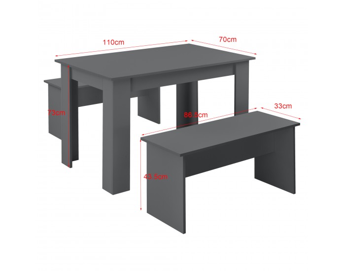 Трапезна маса Hokksund, размери 110x70 см, с 2 пейки, Сив цвят