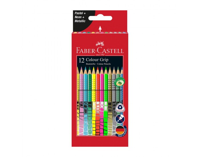 Faber-Castell Акварелни моливи Grip, 12 пастелни, неонови и металикови цвята Faber-Castell Акварелни моливи Grip, 12 пастелни, неонови и металикови цвята
