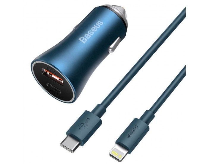 Зарядно за кола Baseus Golden Contactor Pro с USB-A и USB-C изход 40W + кабел Type-C към Lightning 1м, син