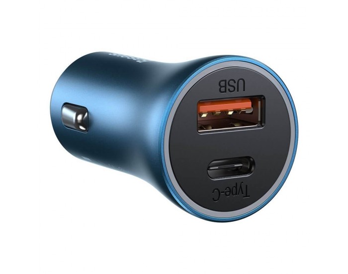 Зарядно за кола Baseus Golden Contactor Pro с USB-A и USB-C изход 40W + кабел Type-C към Lightning 1м, син