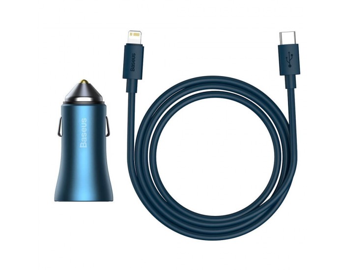 Зарядно за кола Baseus Golden Contactor Pro с USB-A и USB-C изход 40W + кабел Type-C към Lightning 1м, син
