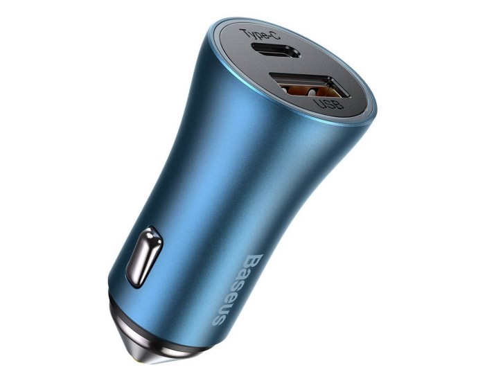 Зарядно за кола Baseus Golden Contactor Pro с USB-A и USB-C изход 40W + кабел Type-C към Lightning 1м, син