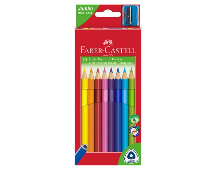Faber-Castell Цветни моливи Triangular Jumbo, 10 цвята, с включена острилка Faber-Castell Цветни моливи Triangular Jumbo, 10 цвята, с включена острилка