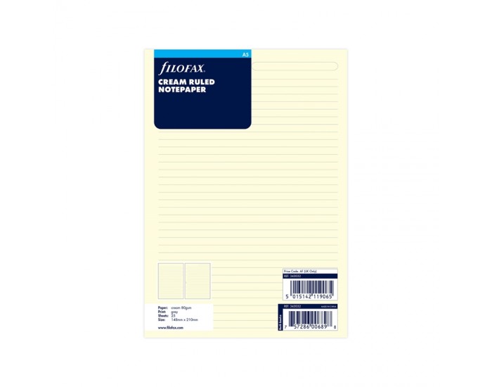 Filofax Пълнител за органайзер, A5, на редове, кремави листове Filofax Пълнител за органайзер, A5, на редове, кремави листове