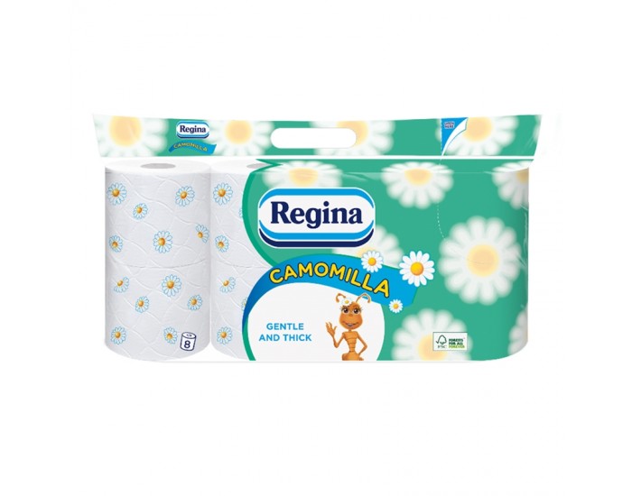 Regina Тоалетна хартия Camomilla, целулоза, трипластова, 150 къса, 8 броя Regina Тоалетна хартия Camomilla, целулоза, трипластова, 150 къса, 8 броя