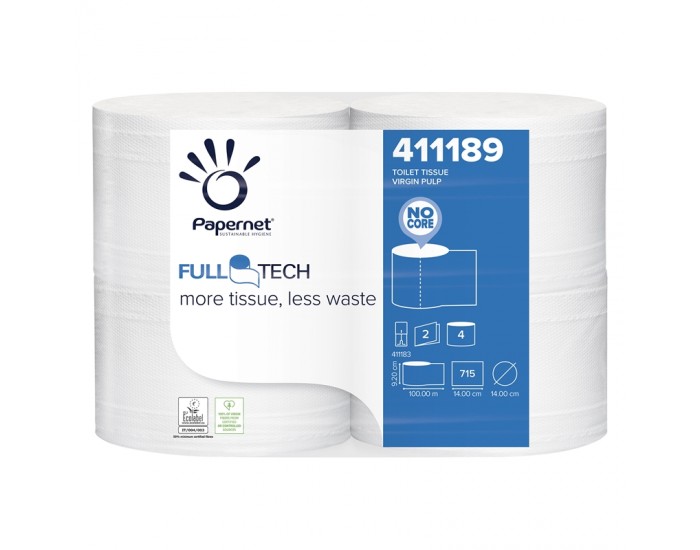 Papernet Тоалетна хартия, Full Tech, целулоза, двупластова, 715 къса, 4 броя