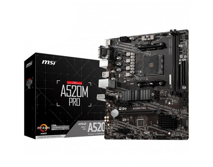 MSI Main Board Desktop A520M PRO (AM4, 2xDDR4, 1xPCI-E X16, 2xPCI-E X1, 4xSATA3, 1xM.2, RAID, 6xUSB3.2 Gen1, 6xUSB2.0, DP, VGA, HDMI, Audio, GLAN) mATX Retail MSI Main Board Desktop A520M PRO (AM4, 2xDDR4, 1xPCI-E X16, 2xPCI-E X1, 4xSATA3, 1xM.2, RAID, 6xUSB3.2 Gen1, 6xUSB2.0, DP, VGA, HDMI, Audio, GLAN) mATX Retail