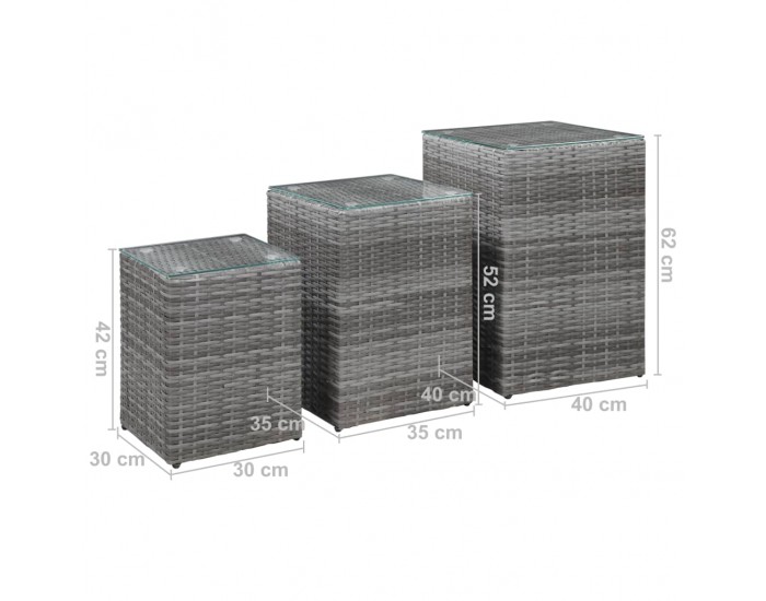 Sonata H Странични маси, 3 бр, със стъклен плот, сиви, полиратан