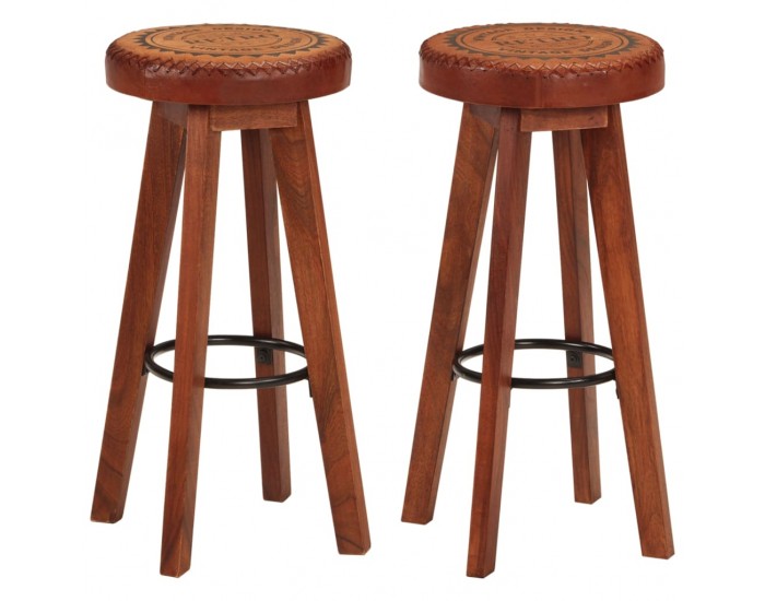 Sonata H Бар табуретки 2 бр естествена кожа и акациево дърво масив
