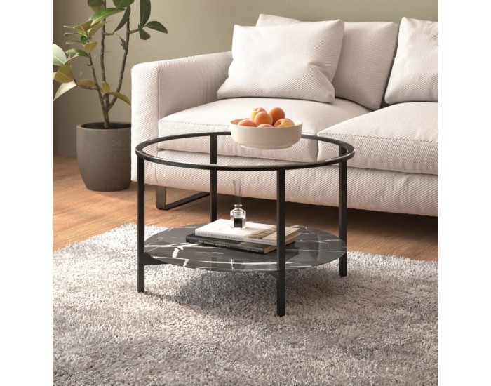 Sonata H Маса за чай, черно и черен мрамор, 70 cм, закалено стъкло