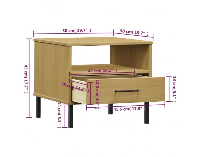 Sonata H Нощна масичка с метални крака, кафява, бор масив, OSLO