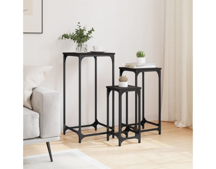 Sonata H Стифиращи странични маси, 3 бр, черни, инженерно дърво