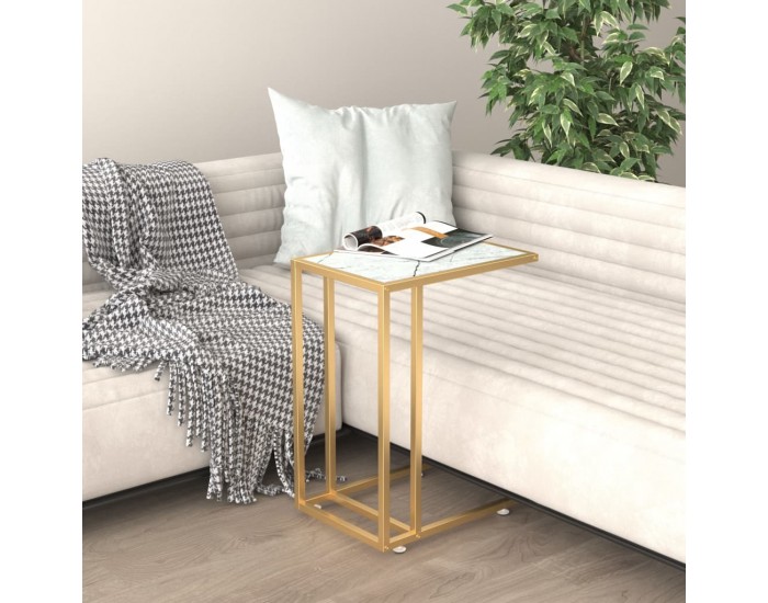 Sonata H Странична маса за компютър, бял мрамор, 50x35x65 см, стъкло