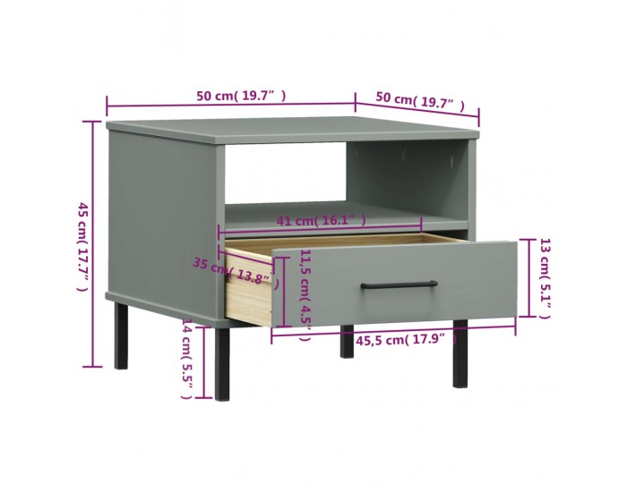 Sonata H Нощна масичка с метални крака сив бор масив OSLO