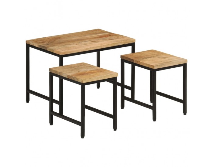 Sonata H Стифиращи маси за кафе, 3 бр, дърво груб манго масив и желязо